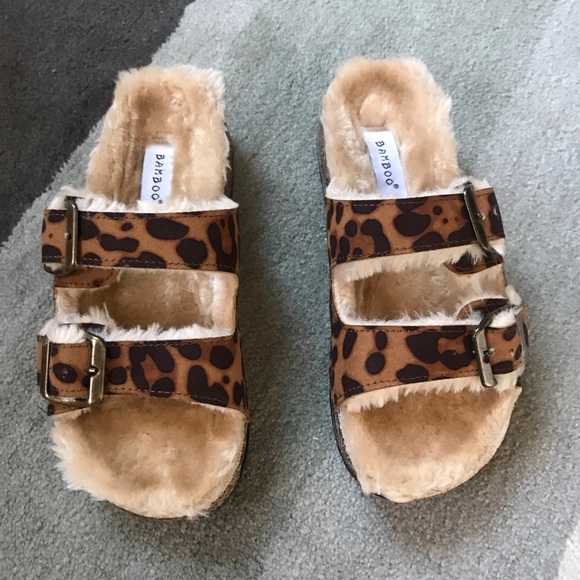 leopard fur sandals